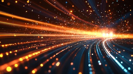 Abstract light trails with bokeh effects in orange and blue creating a dynamic futuristic scene