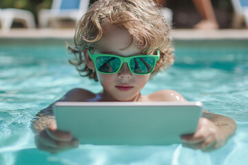 Child with blond curly hair, wearing green sunglasses, floats in turquoise pool, holding tablet computer.  Summer fun, technology and leisure concept