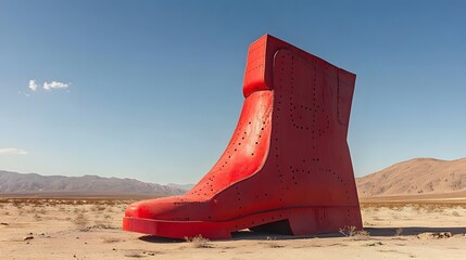 Giant red boot sculpture in desert landscape