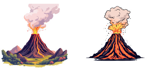 Vsai volcano erupting with smoke and lava, colorful illustration and line art versions © frrlbt