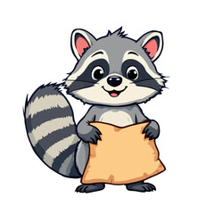 Vsai cute raccoon hugging pillow, ready for bedtime, cartoon illustration