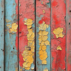 Red and yellow peeling paint on wood