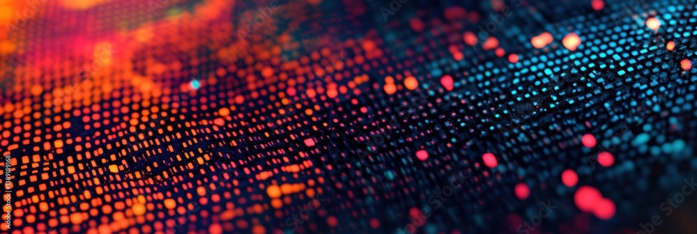Poster Dynamic abstract pixelated digital pattern showcasing structured gaps with a modern cybernetic theme in high-contrast vibrant colors