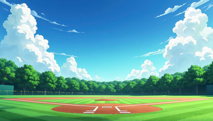 Vibrant Animated Baseball Field on Clear Blue Sky Background. A baseball field under a blue sky with white clouds.