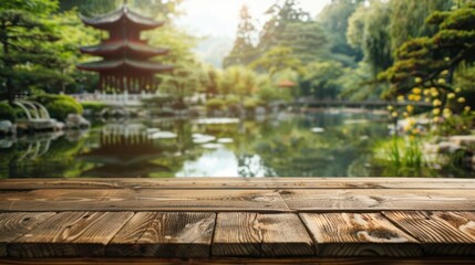 Obraz premium Wooden table in serene Japanese garden, pagoda background, product display