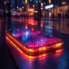 Smartphone glowing on wet pavement at night