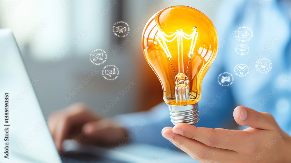 Poster a person holding a glowing light bulb symbolizing innovative ideas and creativity in a digital works