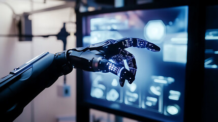 A robotic arm assembling an AI powered smart wearable for augmented reality in a technology lab, surrounded by display screens and real-time user interaction data, Augmented reality style
