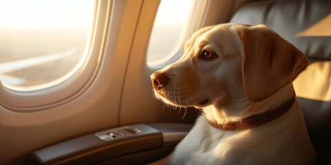 Golden retriever dog, near the window on the plane. Happy dog ​​sitting can see out the window