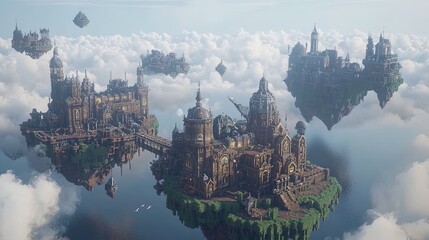 Fototapeta premium A massive steampunk factory surrounded by enchanted floating islands