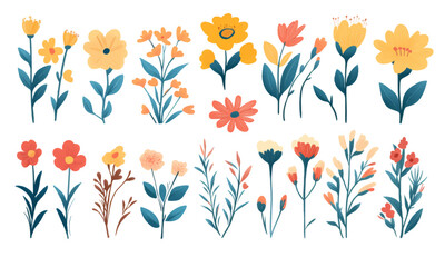 Set of spring and summer hand drawn flowers. Floral elements, wildflower, leaves and herb, plants, foliage on white background. Collection spring blossom icons. Vector flat illustration 