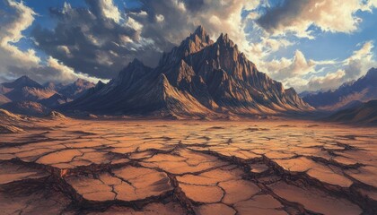 Vast desert landscape featuring cracked earth and towering mountain range