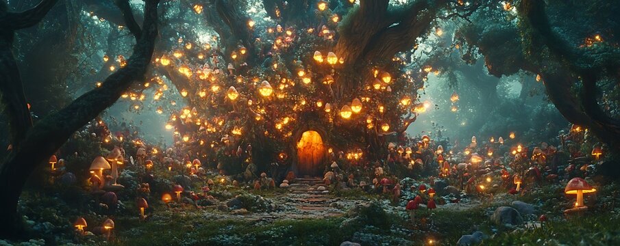 Enchanted forest scene with glowing lights, whimsical ambiance, nature backdrop, and fantasy theme for imaginative purposes