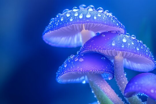 Close-up of blue mushrooms covered in water droplets with a blurred background for nature theme