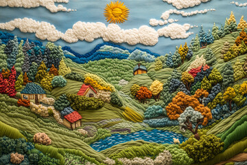 Colorful Embroidered Alpine Village Landscape in Autumn
