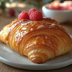 Croissant with raspberries on white plate