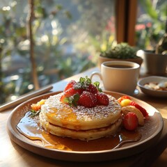 Breakfast pancakes with strawberries and coffee