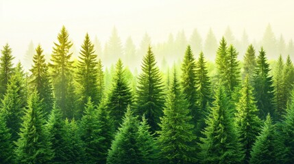 Fototapeta premium Lush Green Coniferous Forest In Misty Sunlight