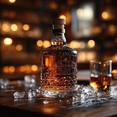 Whiskey bottle and glasses on rustic bar table