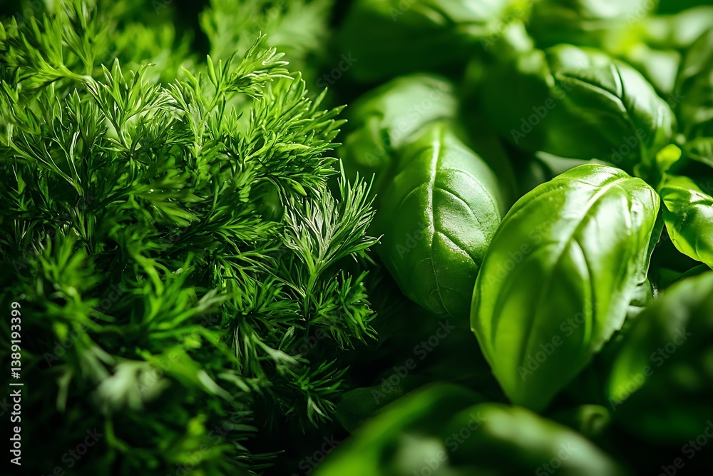 Poster fresh green dill and basil leaves close-up highlighting vibrant herbaceous texture and color for cul