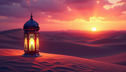 Obraz premium Ornate Arabic Lantern on Desert Dune at Sunset