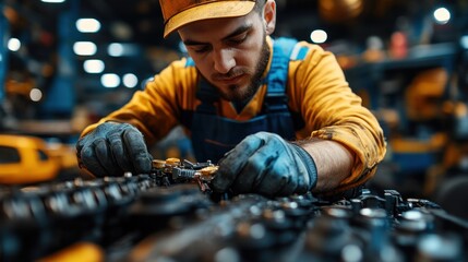 Mechanic Repairing Engine in a Workshop