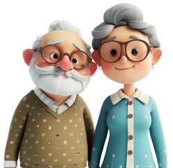 Adorable 3D cartoon grandparents standing side by side, smiling warmly png. A sweet and heartwarming portrait of an elderly couple, perfect for family, love, storytelling themes