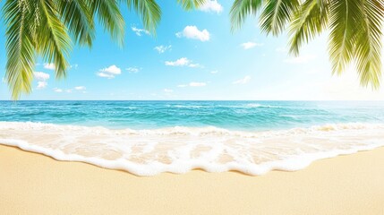 Fototapeta premium A serene beach scene with palm trees, clear skies, and gentle waves, perfect for vacation or relaxation imagery.