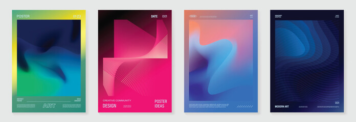 Modern gradient poster background vector set. Minimalist cover template with vibrant perspective geometric prism shapes in motion. Ideal design for social media, cover, banner, flyer.