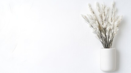 A white ceramic vase with tall dried pampas grass stems, minimalistic wall decor, soft neutral tones, and modern interior design concept.