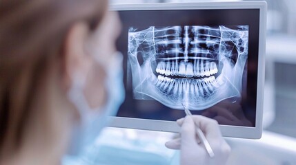 A dentist reviews X-rays with a patient in a contemporary clinic, displaying the images on a screen to clarify their dental health and treatment choices.