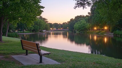 Obraz premium An empty park bench overlooking a quiet river at sunset, soft lighting, tranquil scene. pic