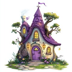 A whimsical fairytale cottage with a purple roof and gardens