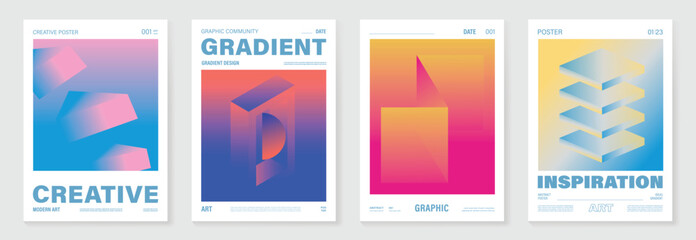 Modern gradient poster background vector set. Minimalist cover template with vibrant perspective geometric prism shapes in motion. Ideal design for social media, cover, banner, flyer.