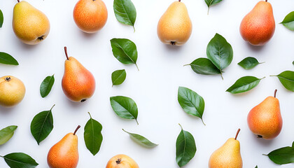 Obraz premium Fresh pears and green leaves on white background