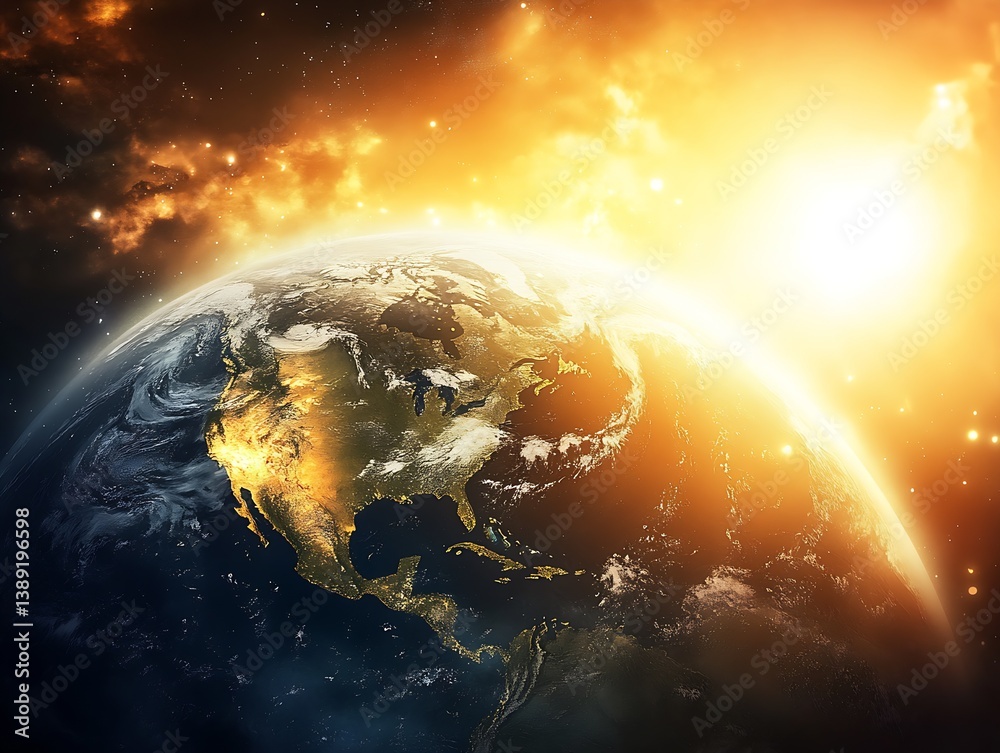 Poster stunning view of earth from space with the sun rising and casting light on the planet's surface : ge