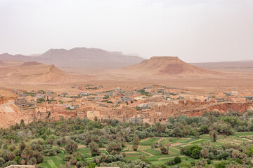 High angle view of  the town of Tinghir under the Great Atlas. Morocco. Horizontally. 