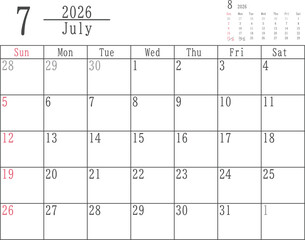 日曜だけ色付きのシンプルな2026年7月のマンスリーカレンダー素材