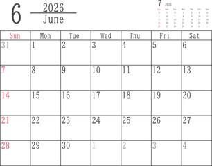 日曜だけ色付きのシンプルな2026年6月のマンスリーカレンダー素材