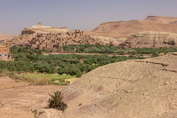 High angle view of  famous clay city Ait Benhaddou, Morocco. Horizontally. 