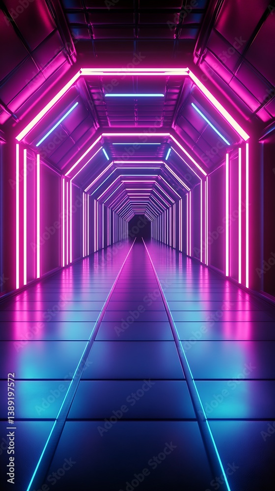 Poster futuristic neon lit tunnel with vibrant colors and sleek design, perfect for sci-fi themes : generat