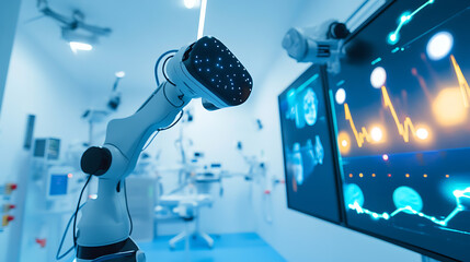 A robotic arm assembling an AI powered virtual reality system for medical training in a healthcare tech lab, surrounded by medical simulation data and interaction algorithms, Medical simulation style