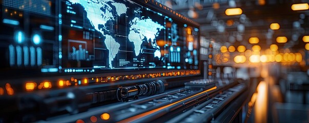 Obraz premium Cargo ship in global shipping and transportation logistic concept. Futuristic interface with global map and advanced tech displays.