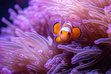 Cute clownfish nestled in a vibrant, pink anemone in clear ocean water. Perfect for illustrating marine life, or colorful underwater ecosystems.
