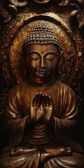 Buddha statue in prayer gesture with detailed golden surroundings