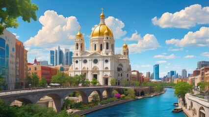 Naklejka premium View of the Church on Blood and the Church of Christ's Ascension from the Yekaterinburg City Pond, Russia