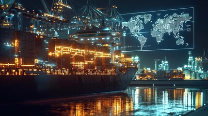 Fototapeta premium Cargo ship in global shipping and transportation logistic concept. A futuristic cargo ship illuminated in a harbor at night.