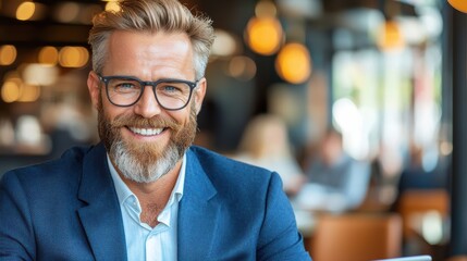 A smiling businessman in a cafe setting, showcasing a positive work environment with modern decor and a professional appearance.