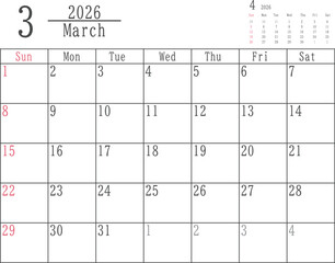 日曜だけ色付きのシンプルな2026年3月のマンスリーカレンダー素材