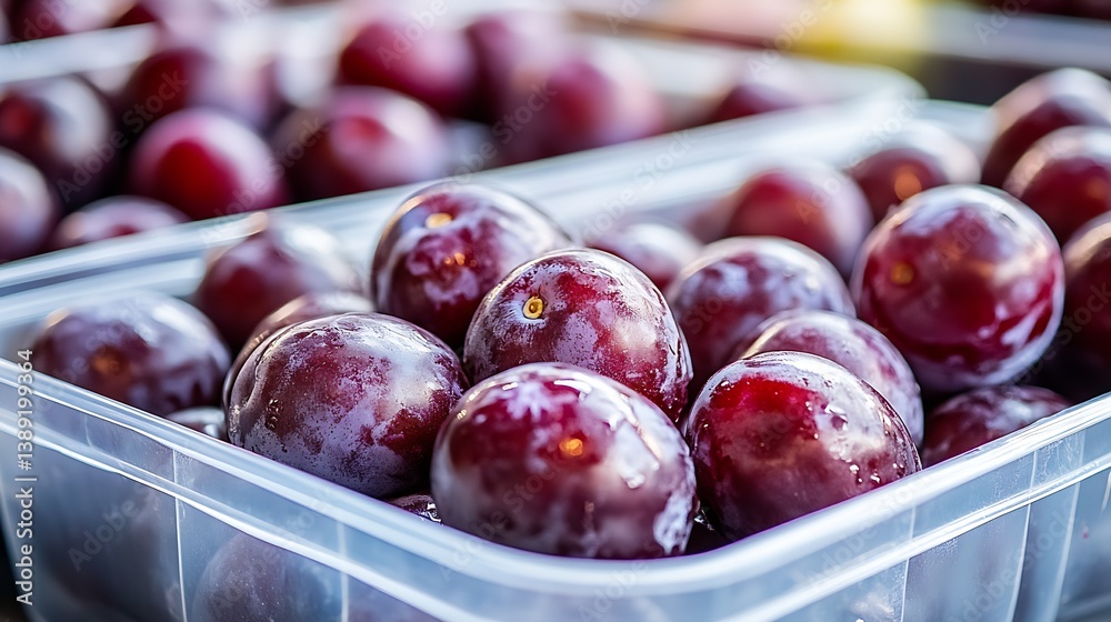 Poster Fresh plums piled in a container showcasing their rich color and vibrant texture at a local market : Generative AI